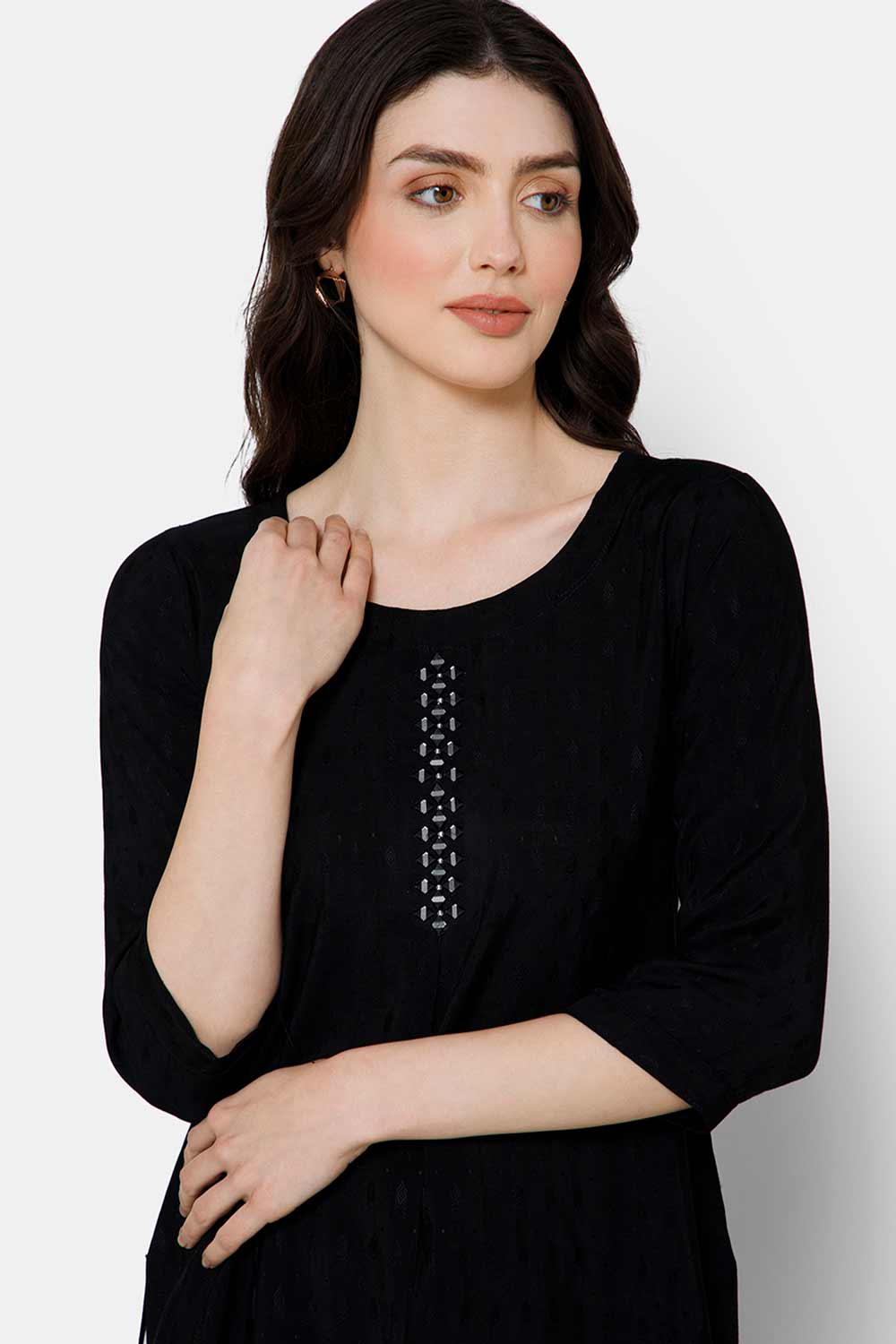 Mythri Women's Casual Tops with Mirror Work At The Center Front  - Black - E023