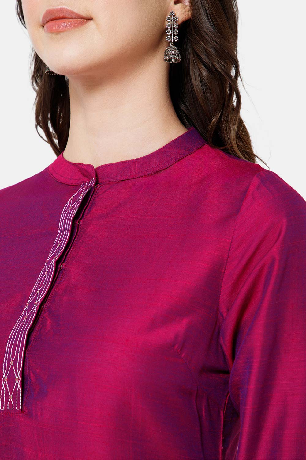 Mythri Women's Ethnic Wear Mandarin collar 3/4 sleeve straight cut Kurti - Violet - KU43