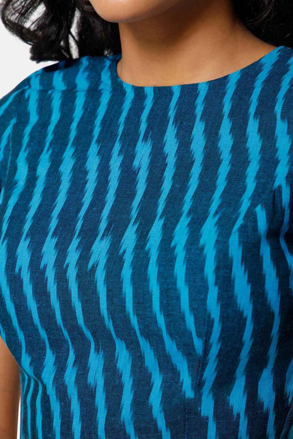 Naiduhall Princess Cut High Neck Short Sleeve Ikat Blouse - Blue - BU09