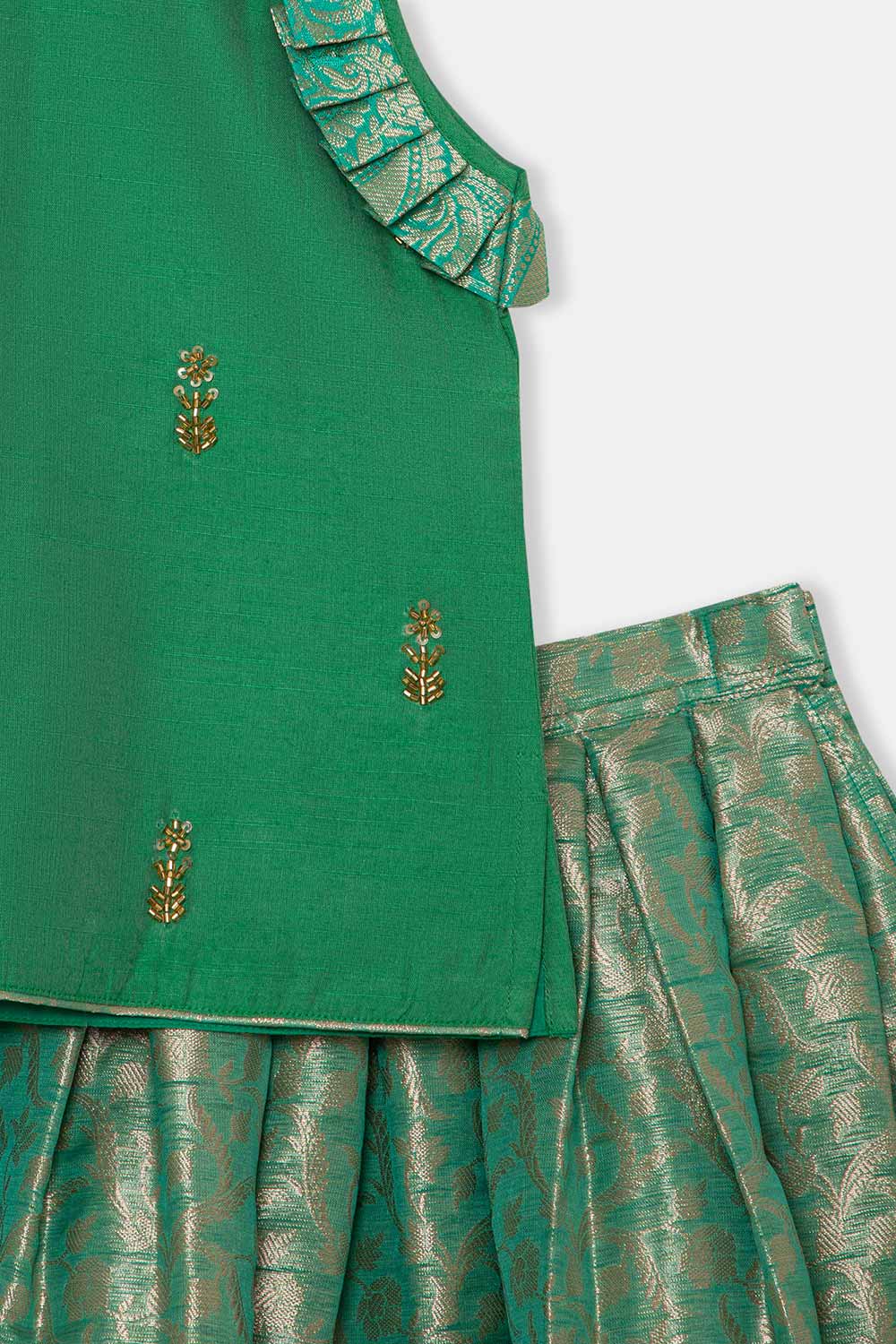 Chittythalli Girls Pavadai Set – Cotton Blend Box Pleated Skirt with Embroidered Butta Blouse - Green - PS47