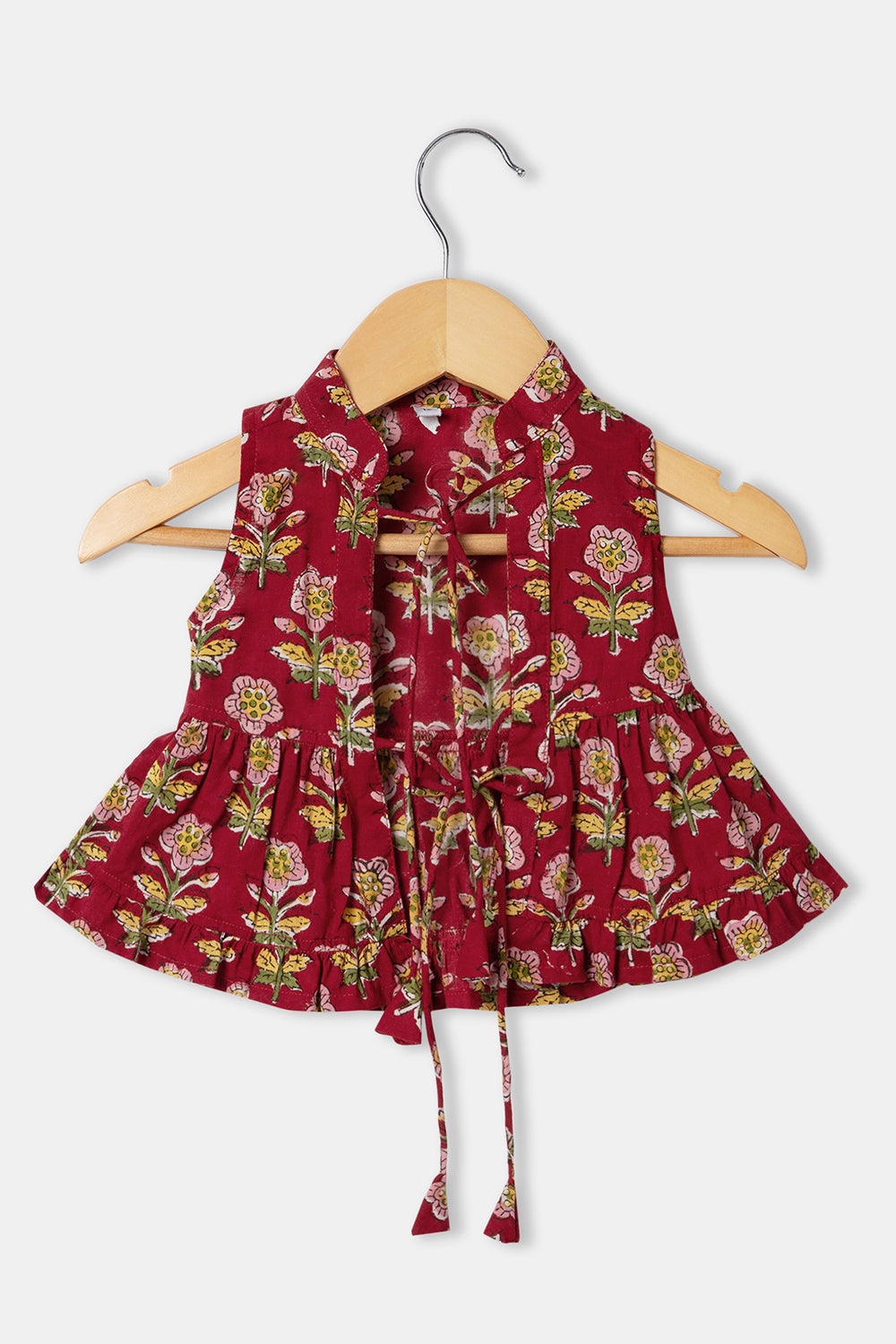 Chittythalli Girls Cottton Round Neck Frock with Mandarian Collar Overcoat - Red - FR31