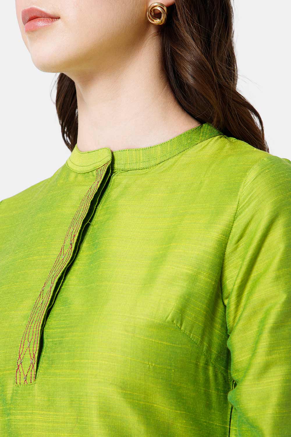 Mythri Women's Ethnic Wear Mandarin collar 3/4 sleeve straight cut Kurti - Green - KU43