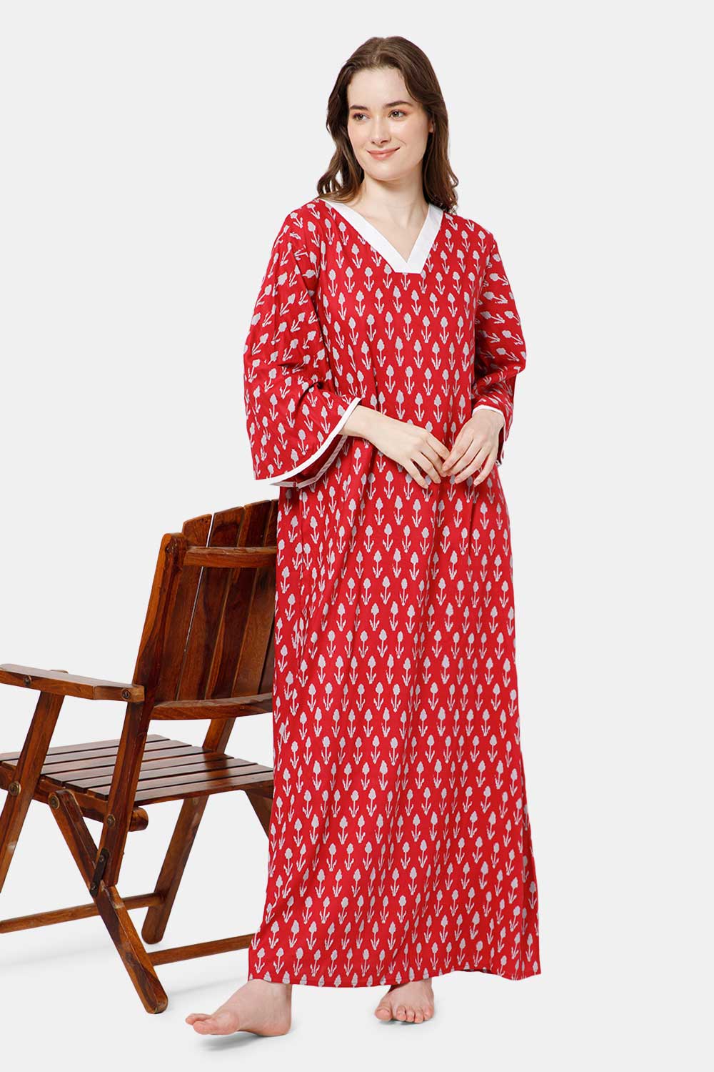 Naidu Hall V Neck Printed Cotton Nighty with Long Bell Sleeves - Red - NT40