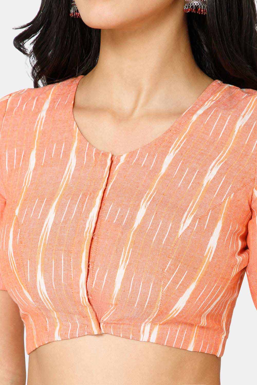 Naidu Hall Women’s Designer Cotton Ikat Blouse V-Neck Front Open with Elbow Sleeves - Peach - BU16