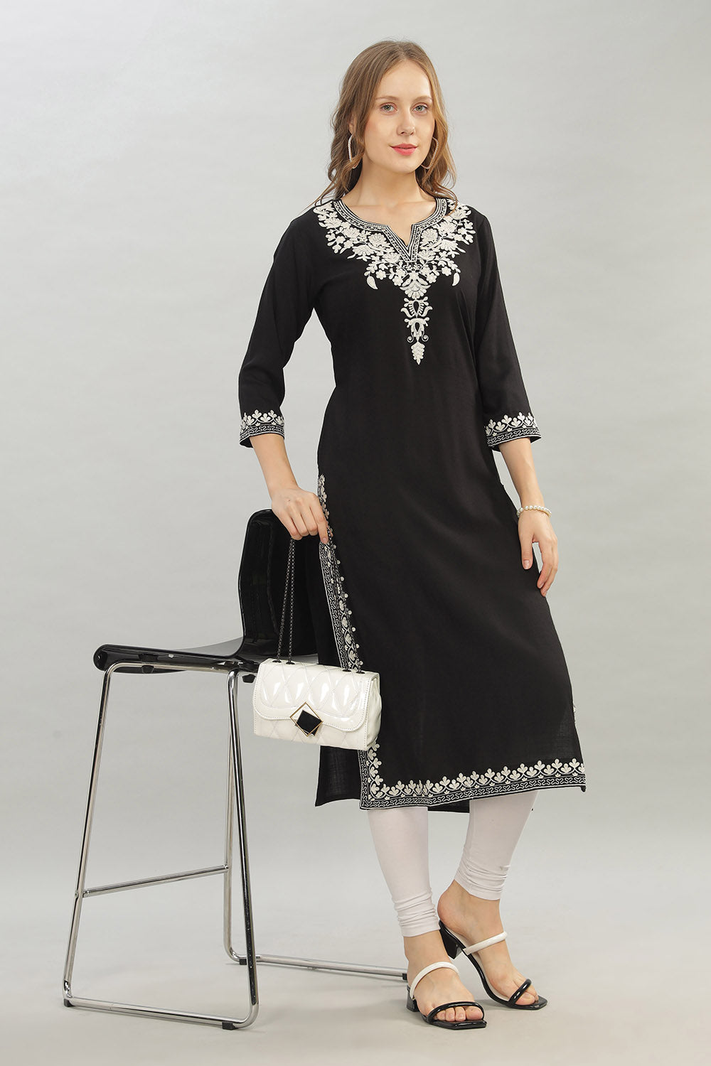 Mythri V Neck Straight Cut Kurta with 3/4 Sleeves - Black - KU43