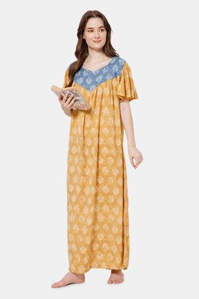 Naidu Hall All Over Printed Nighty with Butterfly Sleeves Diamond Neck - Yellow - NT37