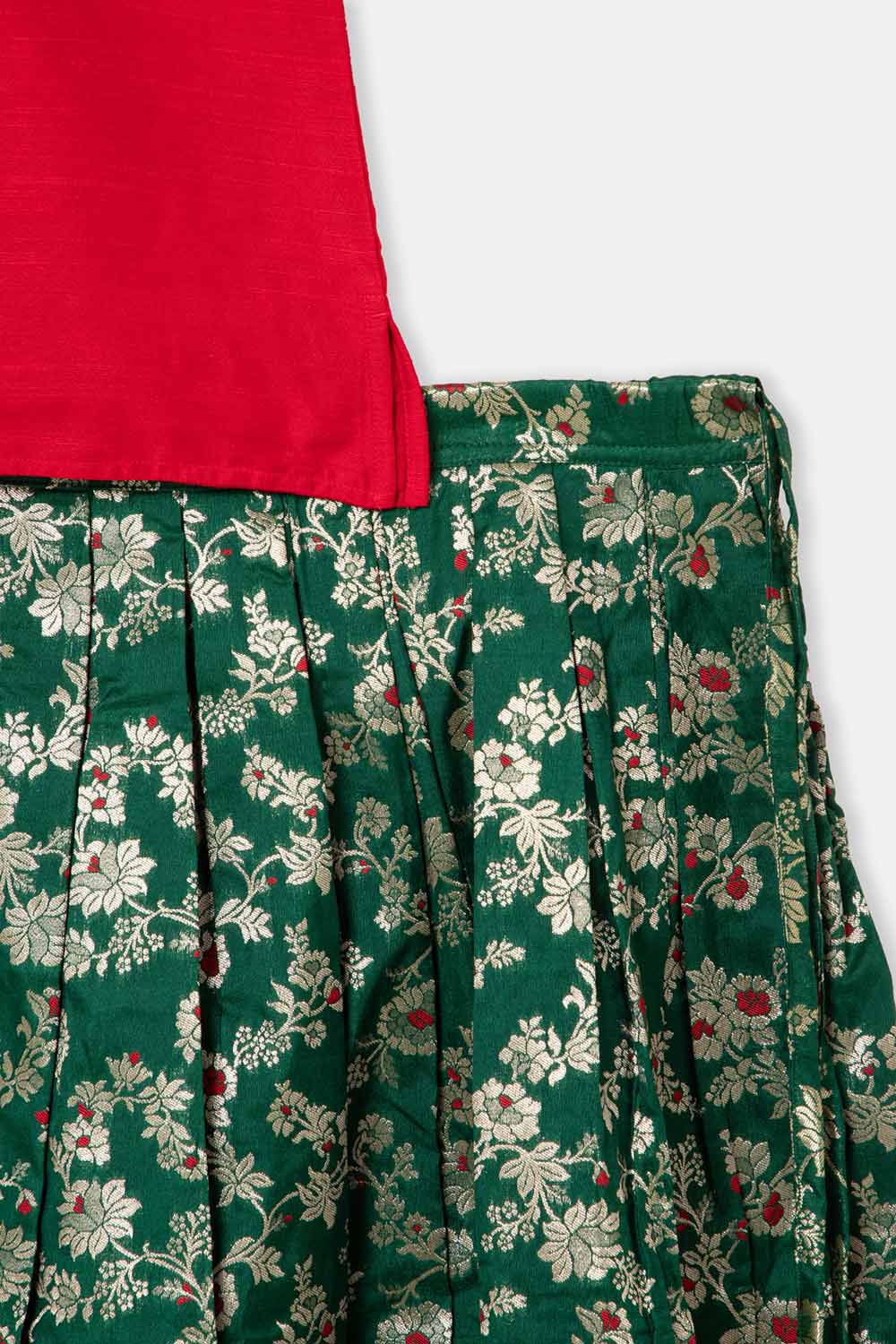 Chittythalli Girls Pavadai Set – Cotton Blouse with Brocade Collar & Zari Embroidery, Box Pleated Skirt - Red - PS80