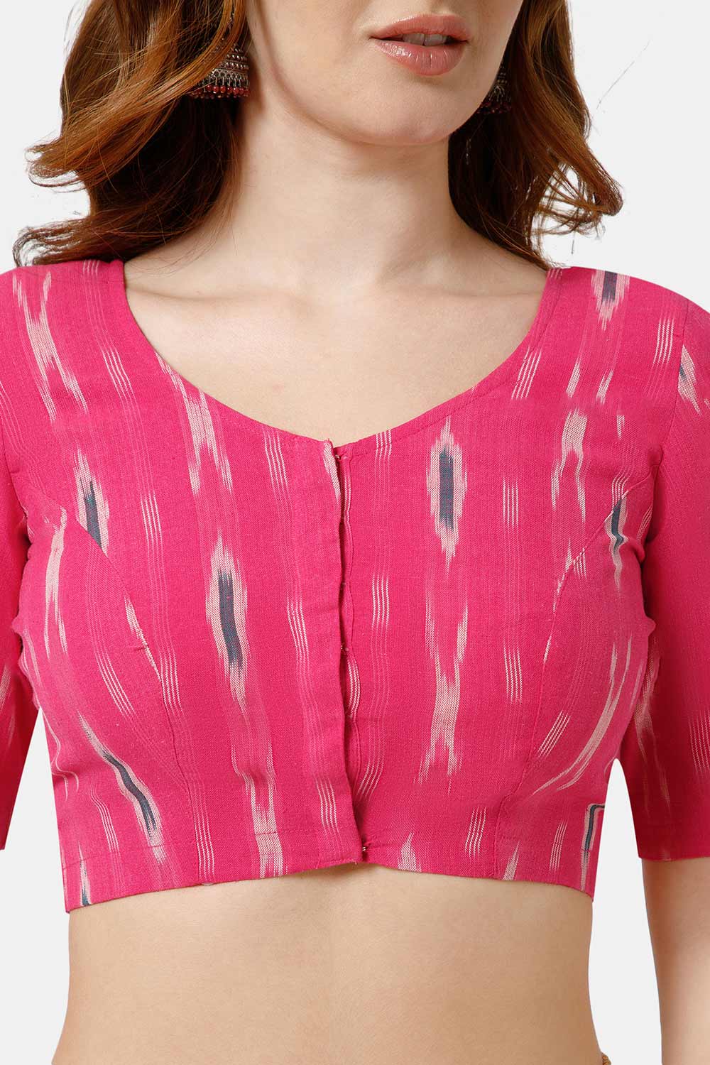 Naidu Hall Women’s Cotton Blouse | Woven U-Neck Ethnic Blouse with Elbow Sleeves & Front Closure - Pink - BU17