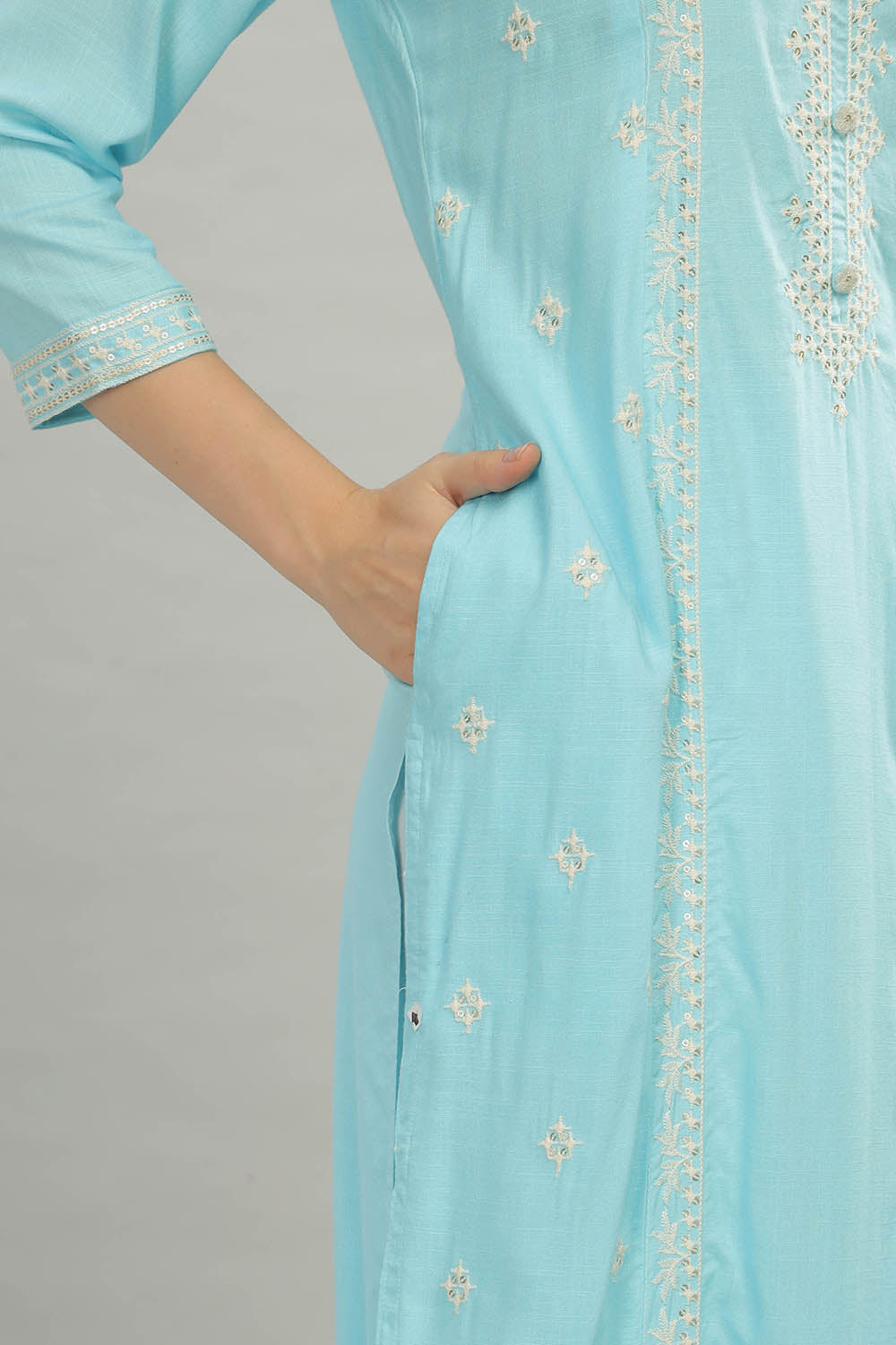 Mythri Round Neck Straight Cut Kurta with 3/4 Sleeves - Light Blue - KU41