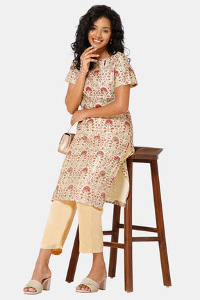 Mythri Boat Neck Short Sleeve Straight Kurti  - Pink -  KU57
