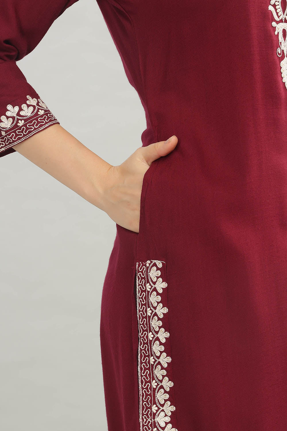 Mythri V Neck Straight Cut Kurta with 3/4 Sleeves - Maroon - KU45