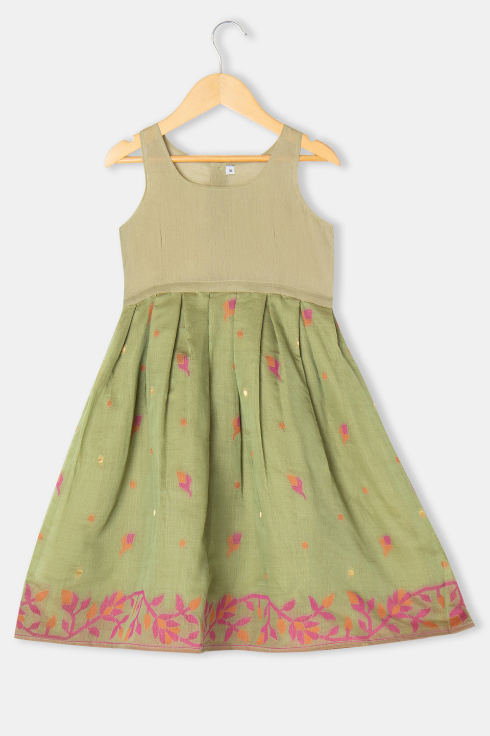 Chittythalli Girls Pavadai Set Cotton Blend with Sweetheart Neckline & Box Pleat Skirt- Light Green - PS75