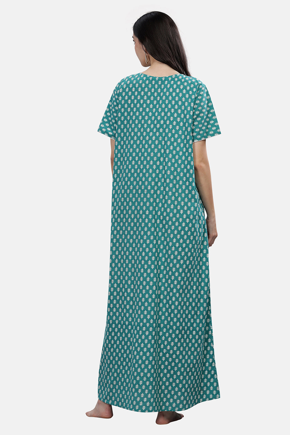 Naidu Hall  Round Neck Short Sleeve Printed Nighty - Green - NT71