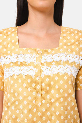 Naidu Hall Square Neck Front Open Nighty with  Side Pocket - NT14 - Mustard