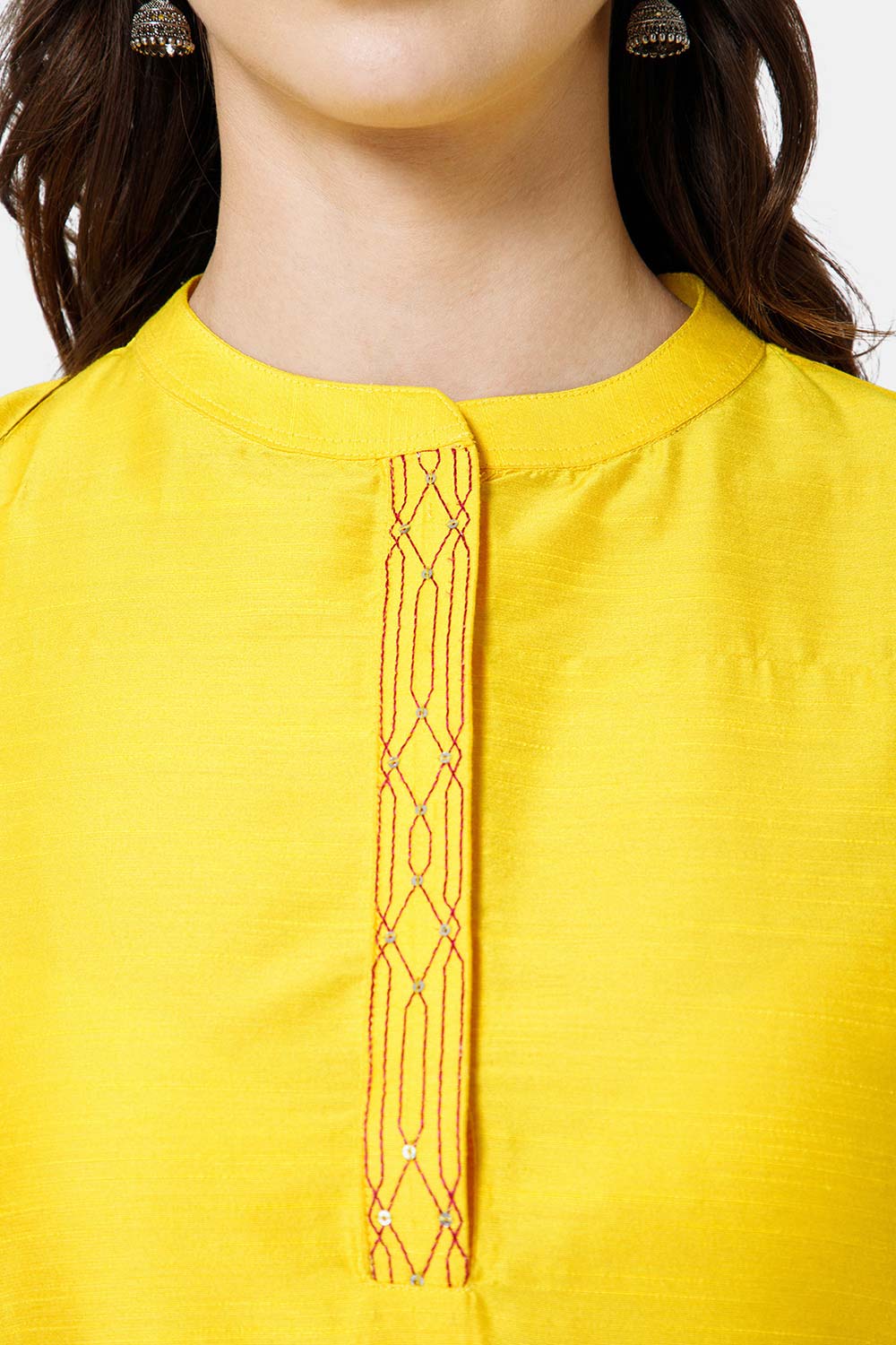 Mythri Women's Ethnic Wear Mandarin collar 3/4 sleeve straight cut Kurti - Yellow - KU43