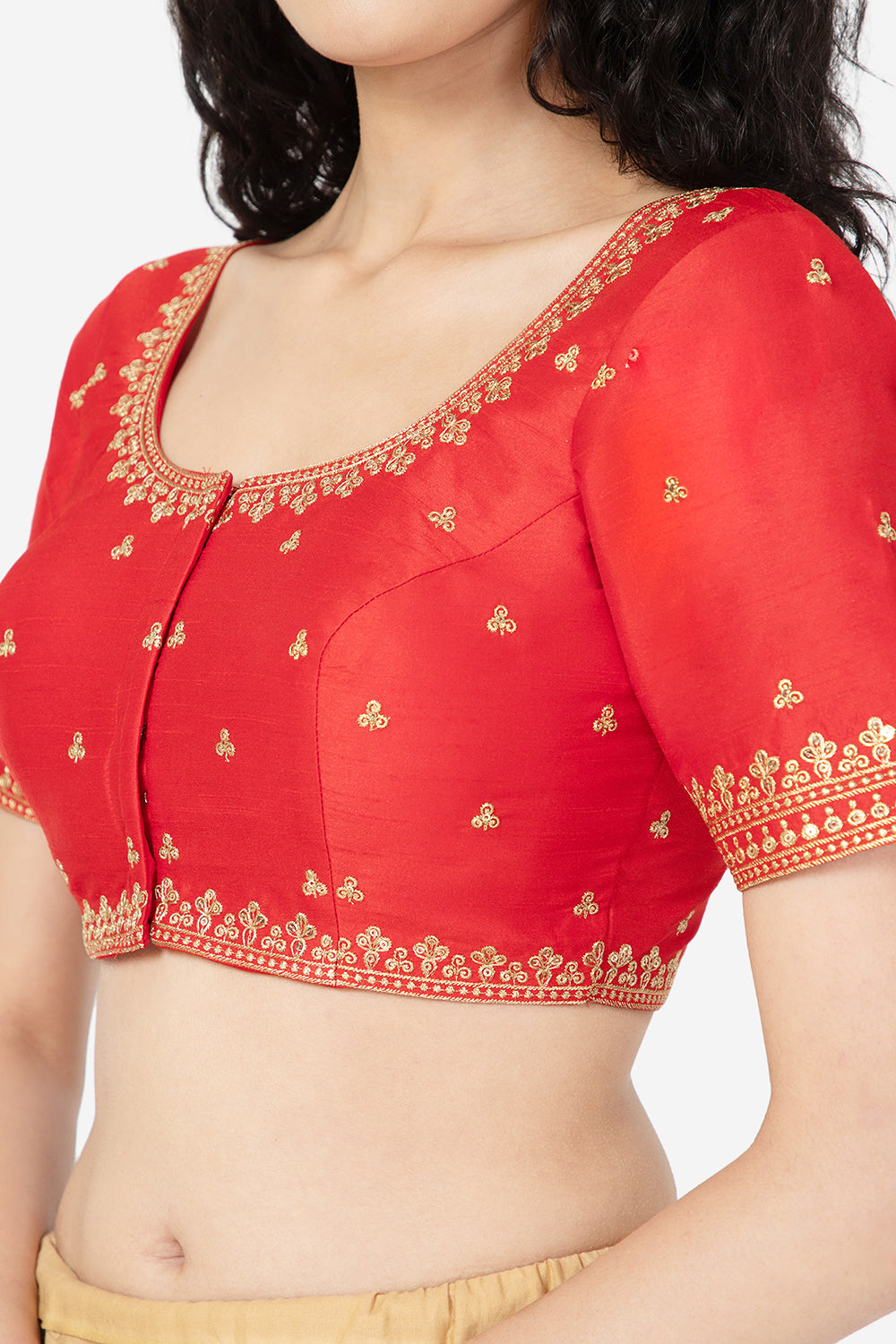 Naidu Hall Ethnic Saree Blouse with U-Neck Elbow Sleeves - Red