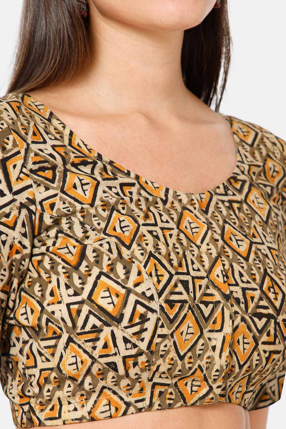Naidu Hall Women’s Blouse Cotton Kalamkari Padded Front Open U Neck Princess Cut Elbow Sleeve Saree Blouse - Green - BU17