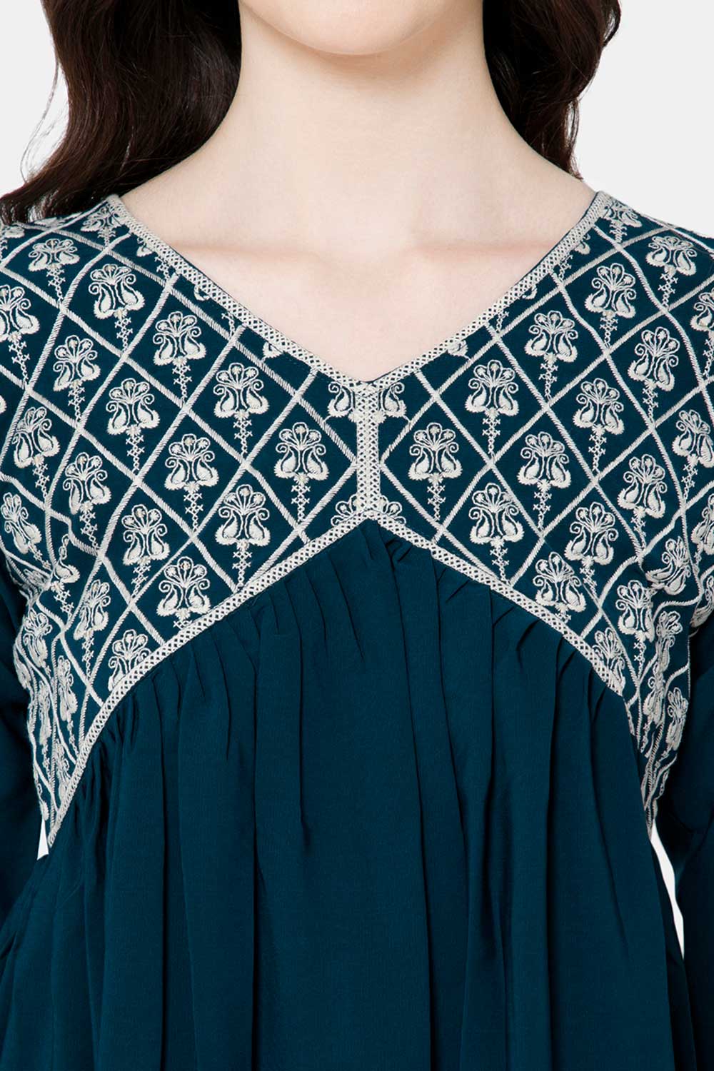 Mythri Women's Ethnic wear Kurthi with Elaborately Embroidered Front Yoke Design - Dark blue - E069