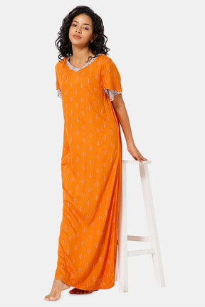 Naidu Hall  V Neck Ruffle Sleeve Printed Nighty-Orange - NT45