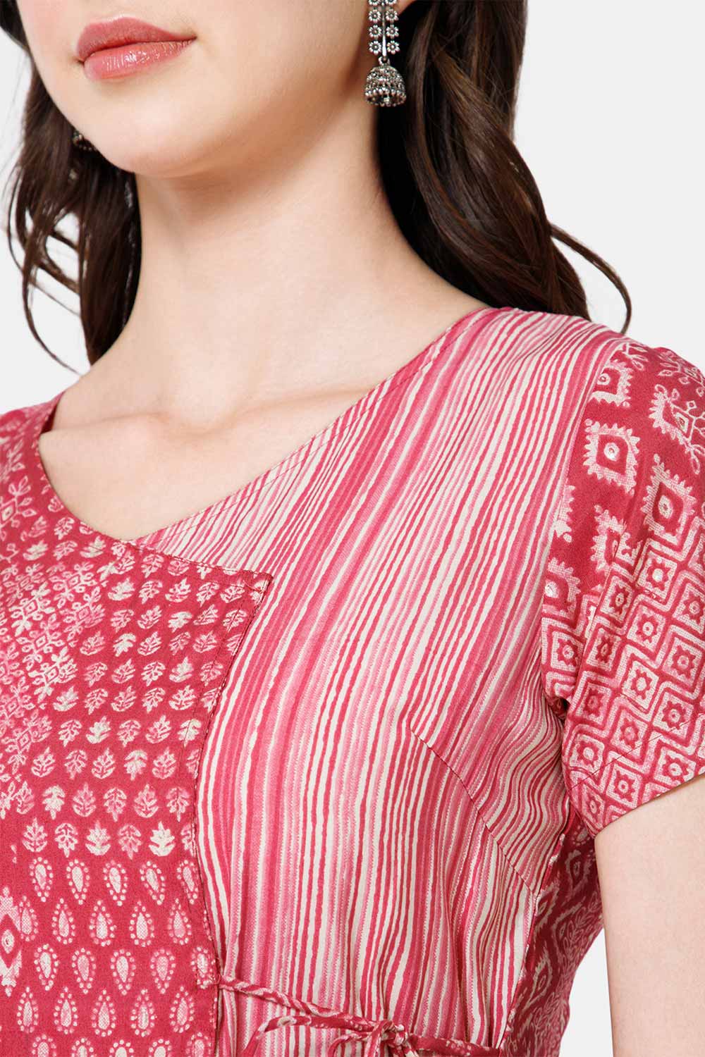 Mythri Women's Ethnic Wear V Neck Anagarkha Kurta with Fabric tassels - Magenta - KU42