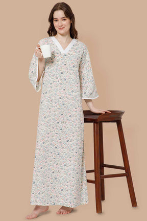 Naidu Hall V Neck Printed Nighty with Long Bell Sleeves - Green - NT40
