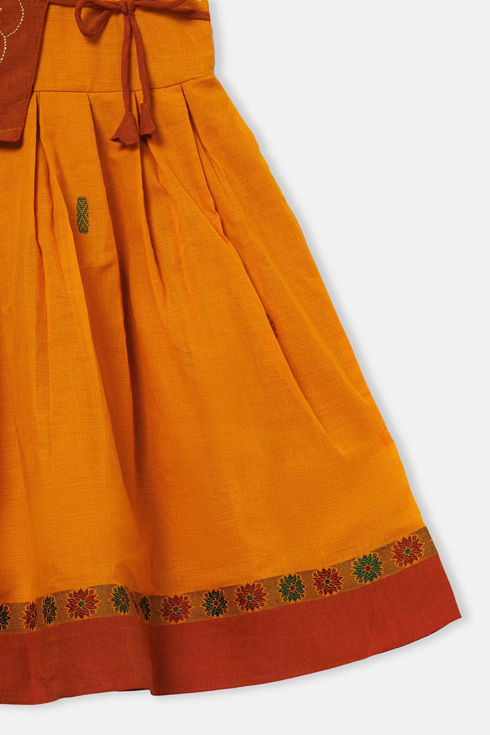 Chittythalli Girls’ Ethnic Frock – Sleeveless with Asymmetric Contrast Panel, Box Pleats & Zari Embroidery - Orange - FR41