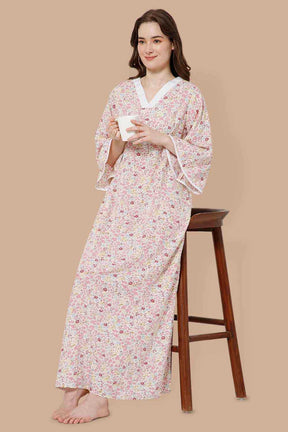 Naidu Hall V Neck Printed Nighty with Long Bell Sleeves - Pink - NT40