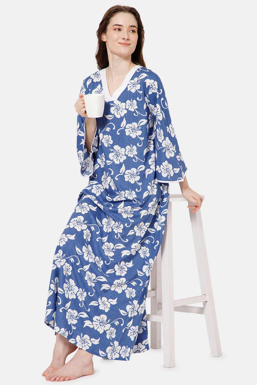 Naidu Hall V Neck Printed Nighty with Long Bell Sleeves - Navy Blue - NT40
