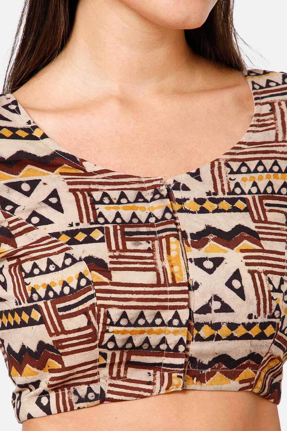 Naidu Hall Women’s Blouse Cotton Kalamkari Padded Front Open U Neck Princess Cut Elbow Sleeve Saree Blouse - Brown - BU17