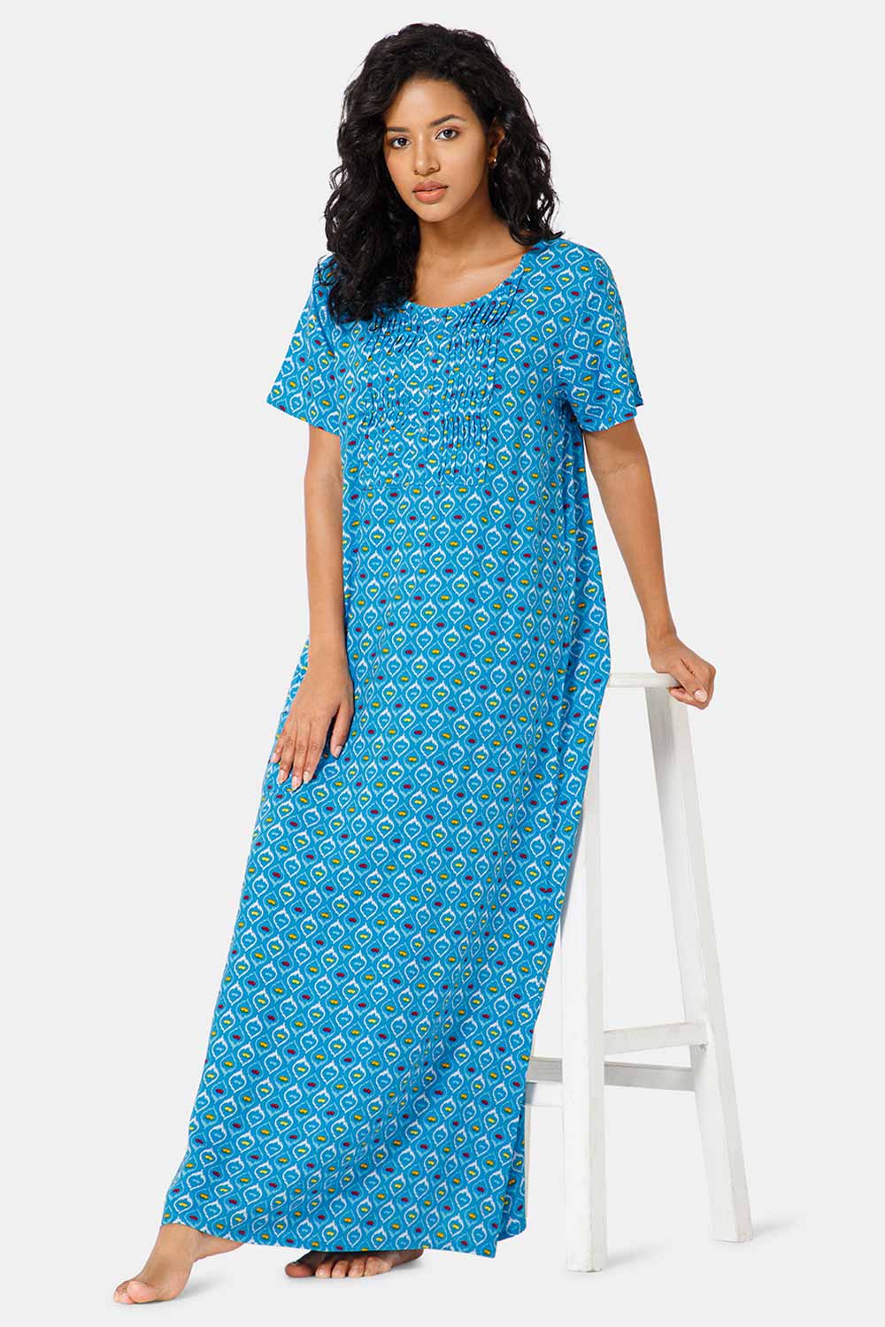 Naidu Hall Front Open Round Neck Short Sleeve Printed Nighty-Blue - NT52