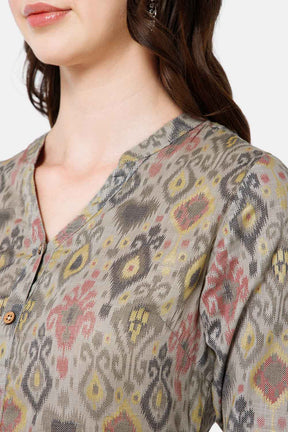 Mythri Women's Ethnic Wear Mandarin collar 3/4 sleeve with front Full placket styling - Grey - KU37