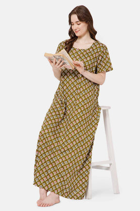 Naidu Hall Printed  Nighty with Square Round Neck - Green - NT36