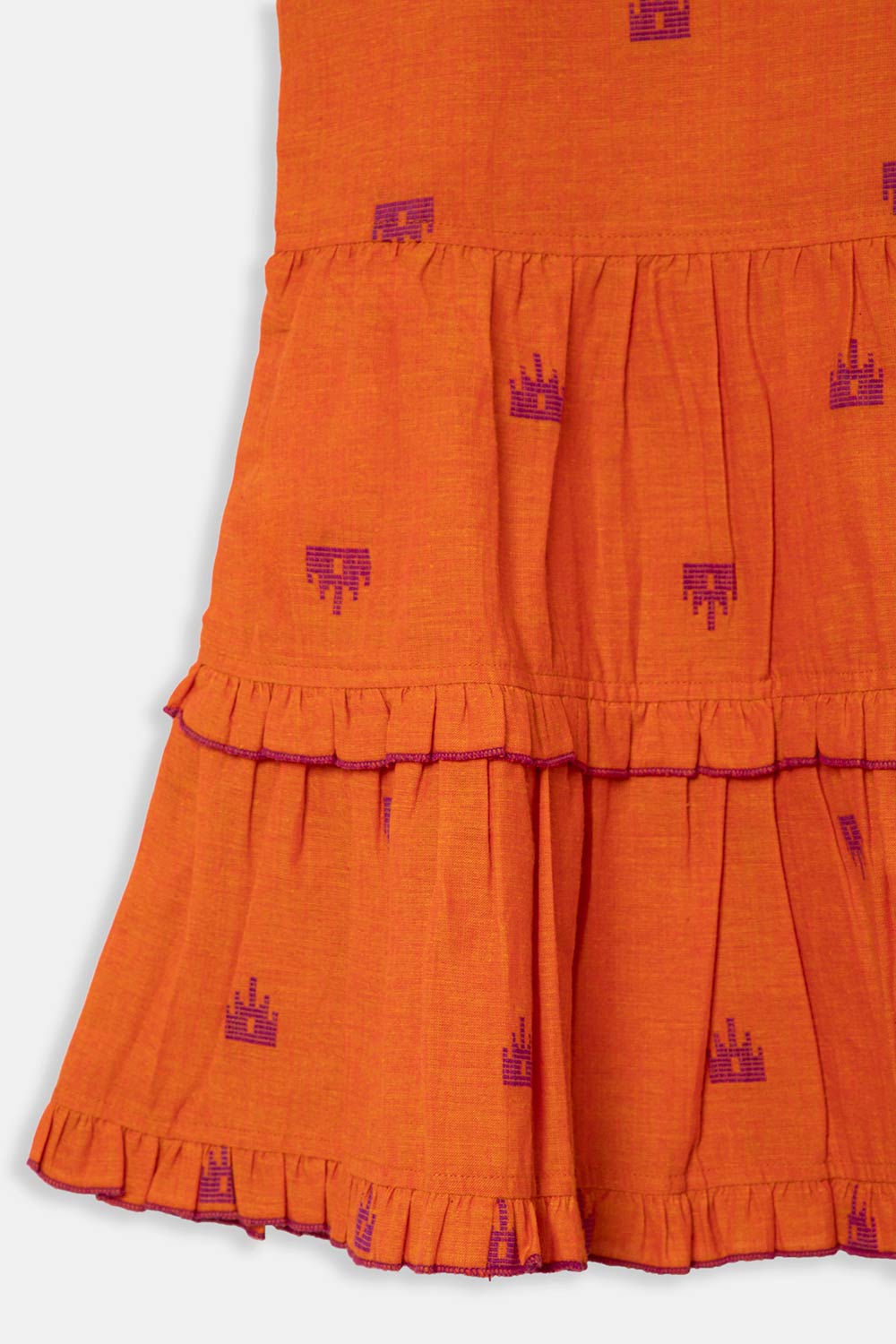 Chittythalli Girls Ethnic Layered Frock with Ruffles & Tassels – Handloom Butta Dress - Orange - FR24