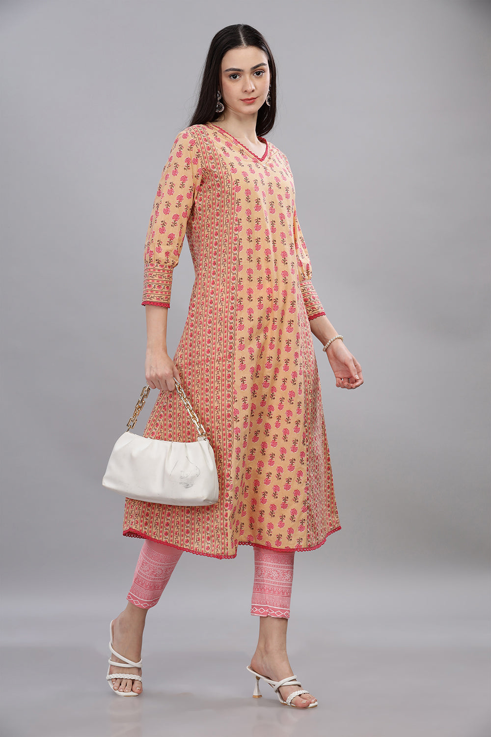 Mythri V Neck Mix & Match Kurta With 3/4th Sleeves  - Peach - KU33