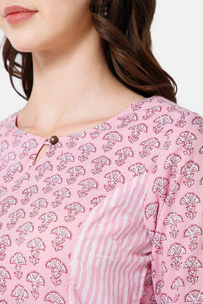 Mythri Women's Ethnic Wear Round Neck With Keyhole Opening in 3/4 sleeve with sleeve tab - Pink - KU60