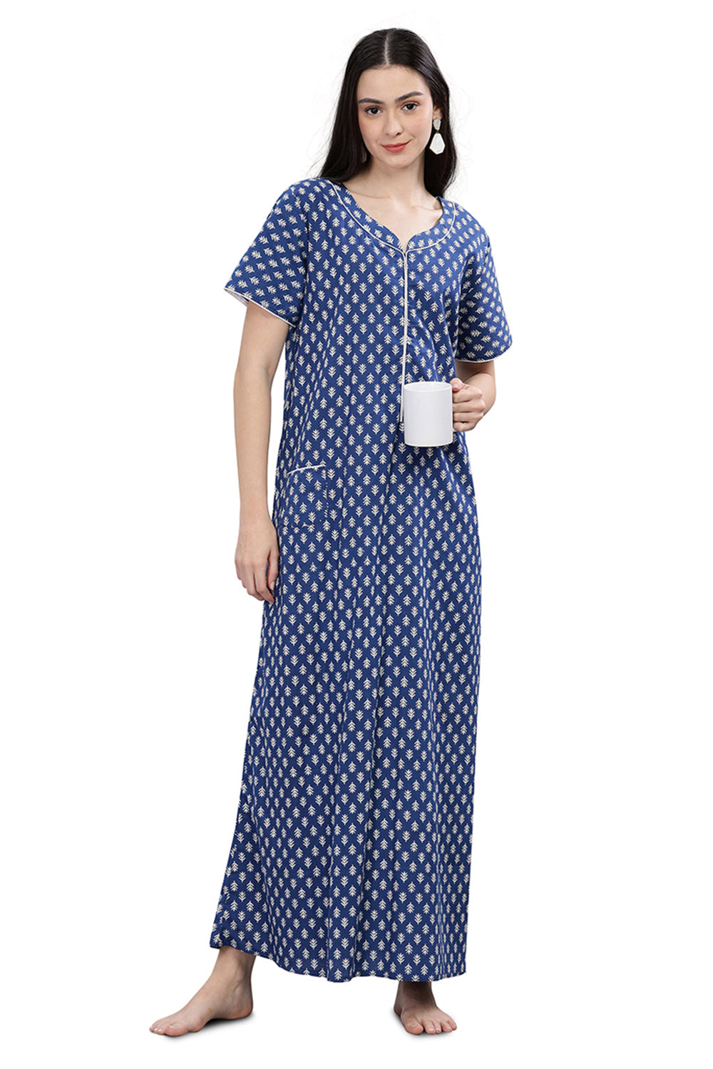 Naidu Hall  Round Neck Short Sleeve Printed Nighty - Blue - NT70