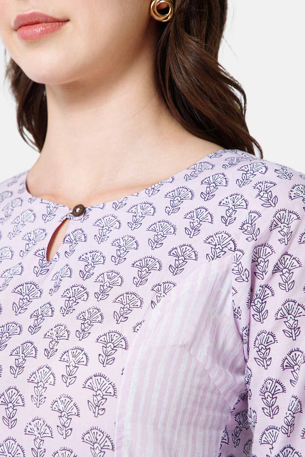 Mythri Women's Ethnic Wear Round Neck With Keyhole Opening in 3/4 sleeve with sleeve tab - Purple - KU60