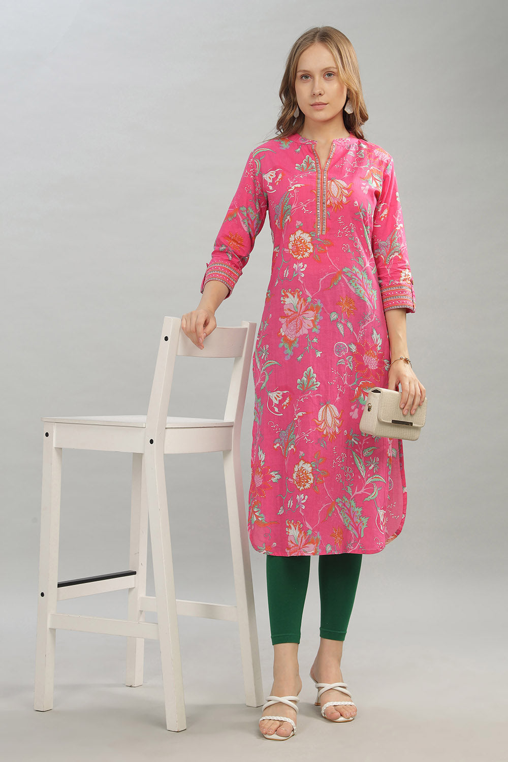 Mythri Women Casual Kurta with 3/4th Sleeves - Pink - KU10