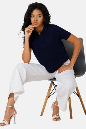 Jusperf Women Half Sleeve Polo Neck T-shirt  - Blue - SJD6