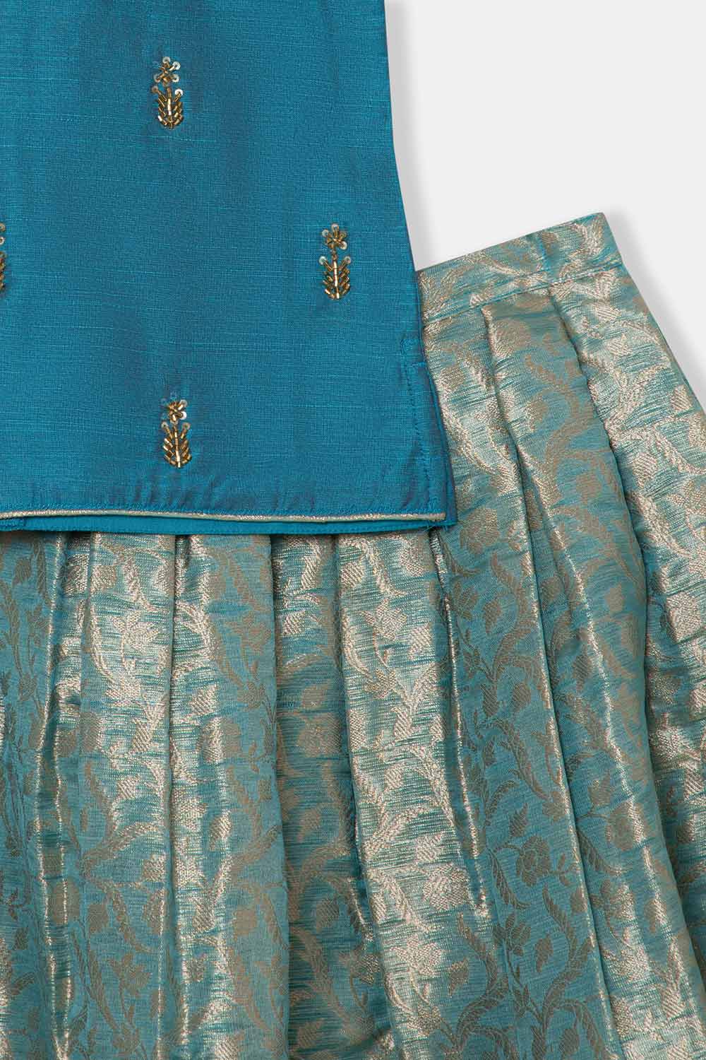 Chittythalli Girls Pavadai Set – Cotton Blend Box Pleated Skirt with Embroidered Butta Blouse - Blue - PS47