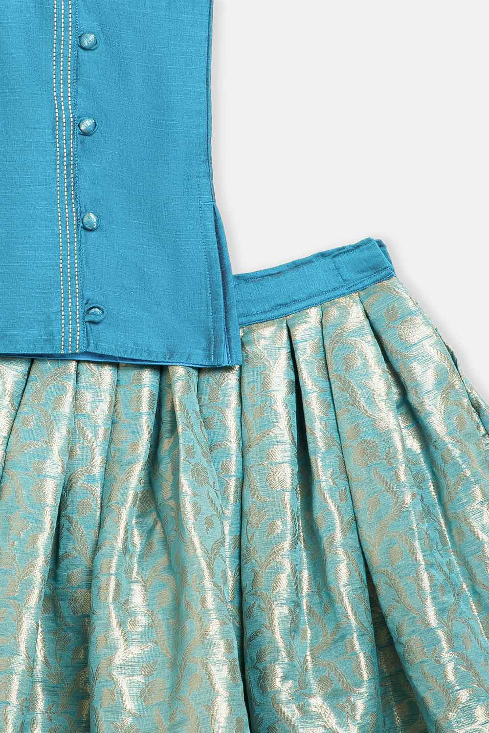 Chittythalli Girls’ Asymmetric Neck Pavadai Set – Brocade Skirt & Cotton Top - Blue - PS50