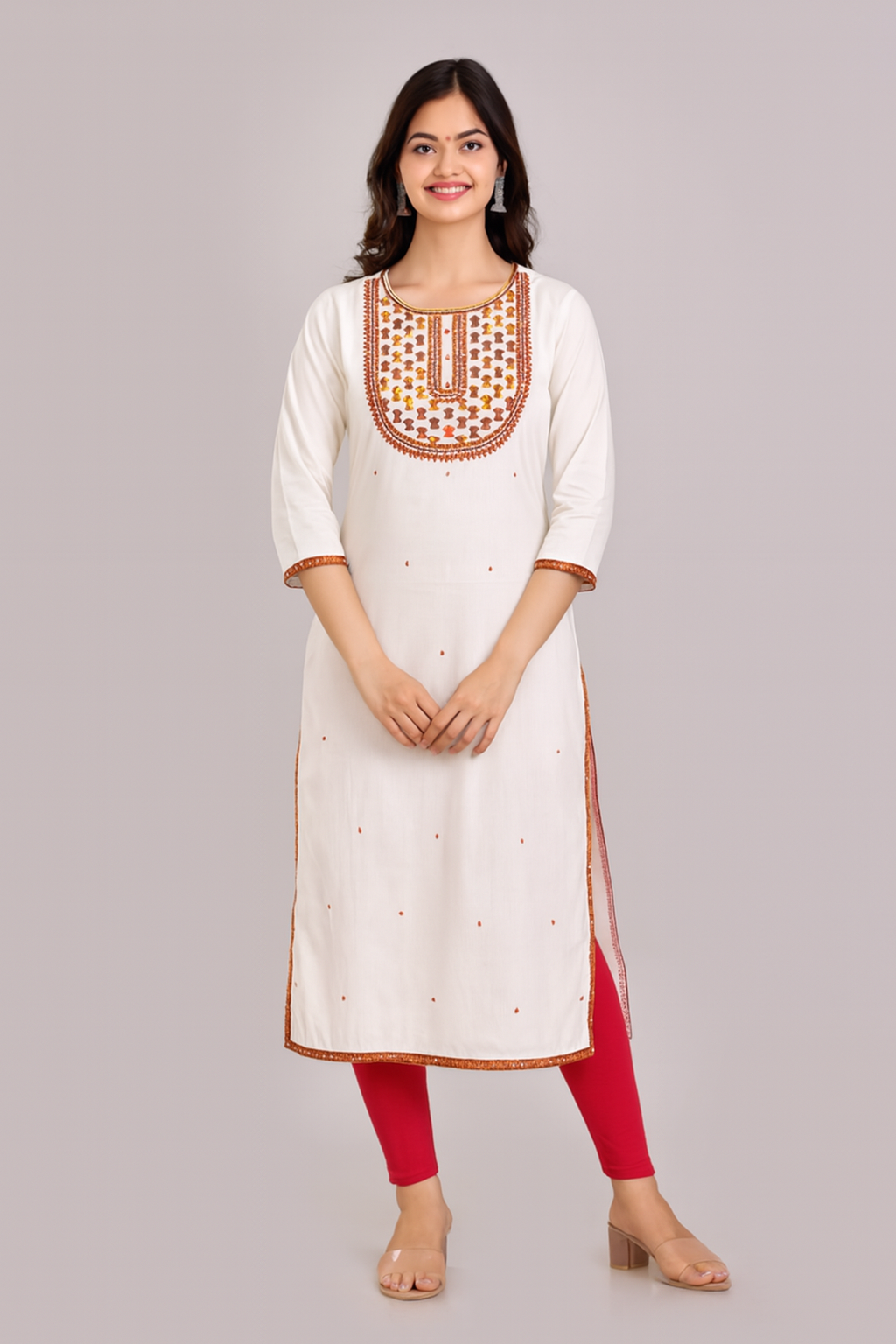 Women’s Printed Rayon Embroidered Below Knee Ethnic Wear Kurthi - White - S070