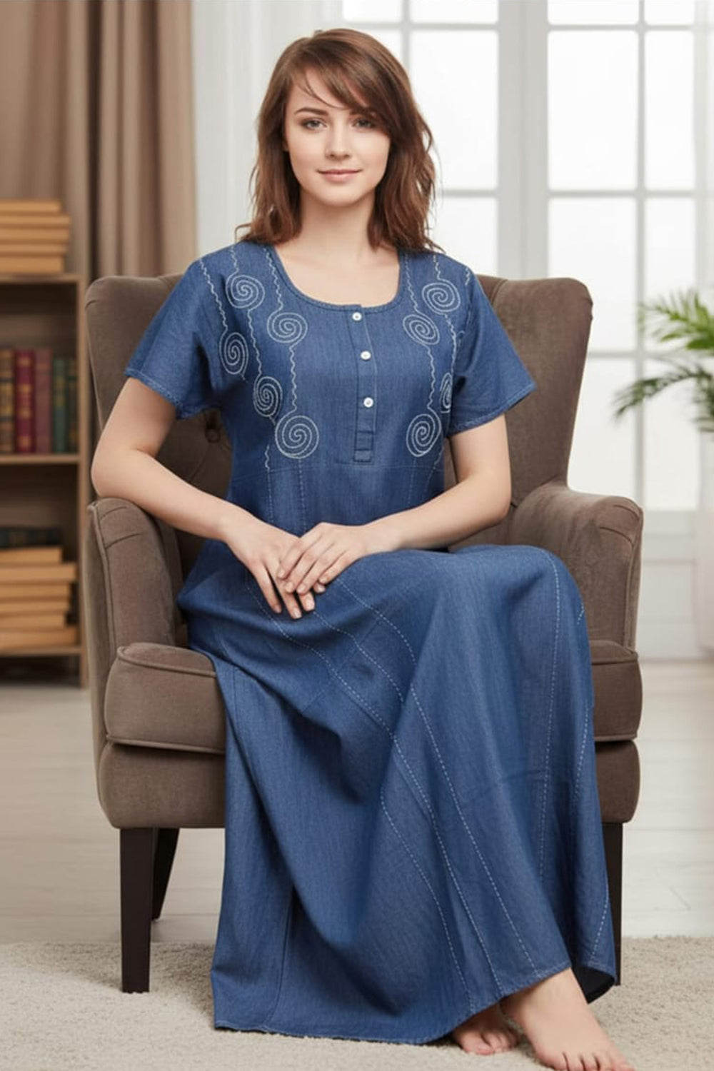 Women's Prints Denim Nighty with Round Neck Neckline and Short Sleeve - Full Length | Comfortable Loungewear Nighty for Home Wear, Sleepwear, Loungewear - 0777