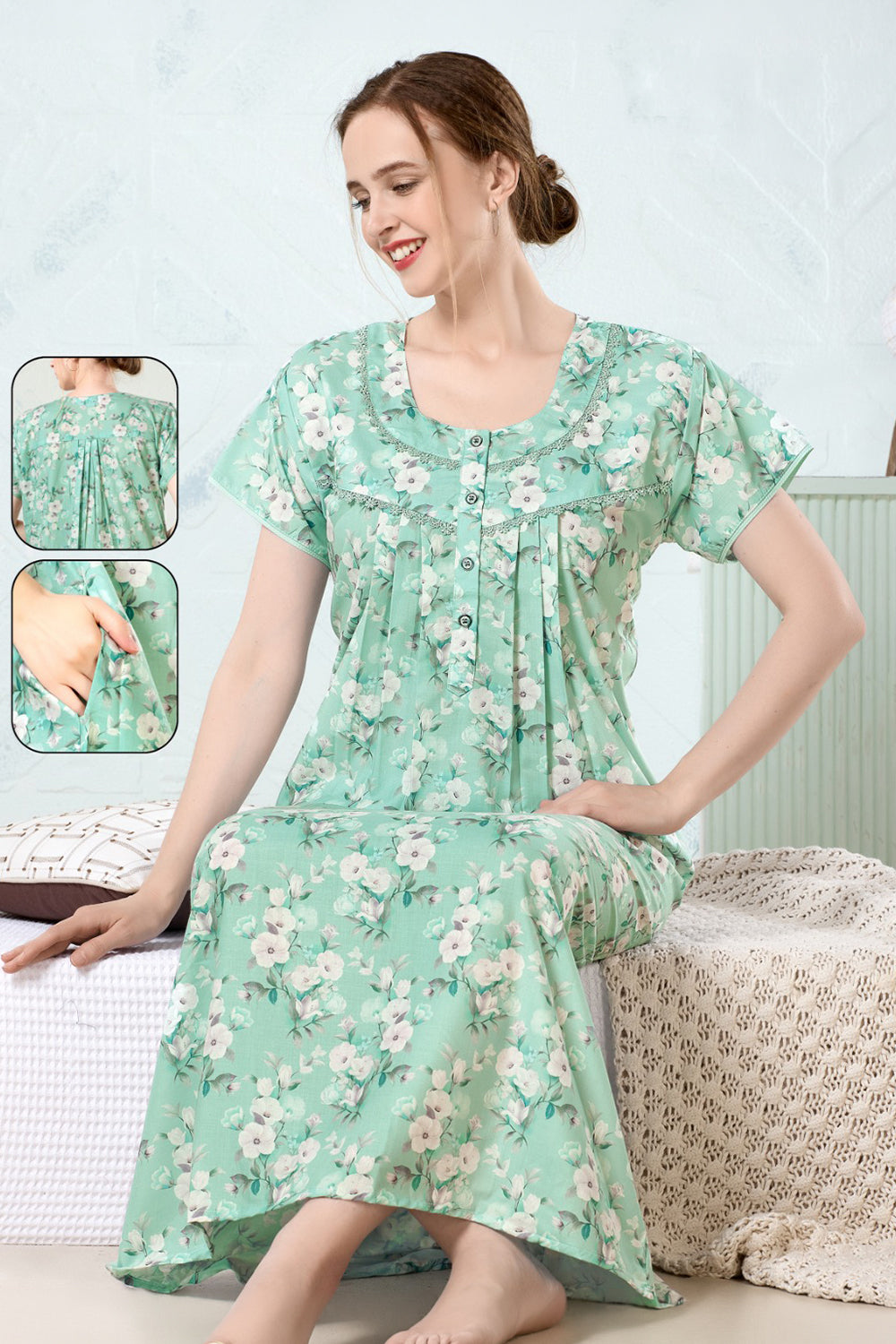 Women’s Poly Viscose Prints Pleated Nighty | Full Length Round Neck Night Dress with Short Sleeve | Relax Fit Sleepwear, Home Wear & Loungewear