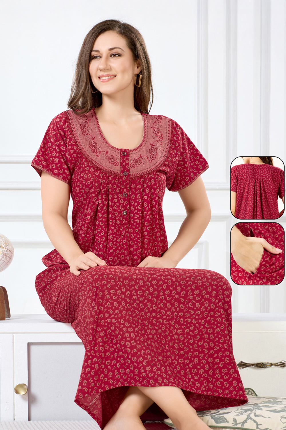 Women’s Cotton Blend Printed Pleated Nighty | Full Length Round Neck Night Dress with Short Sleeves | Regular Fit Daily Wear Sleepwear & Loungewear - 7904