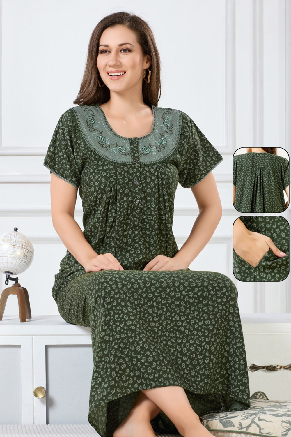 Women’s Cotton Blend Printed Pleated Nighty | Full Length Round Neck Night Dress with Short Sleeves | Regular Fit Daily Wear Sleepwear & Loungewear - 7904