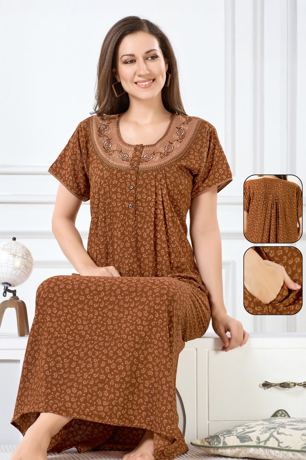 Women’s Cotton Blend Printed Pleated Nighty | Full Length Round Neck Night Dress with Short Sleeves | Regular Fit Daily Wear Sleepwear & Loungewear - 7904