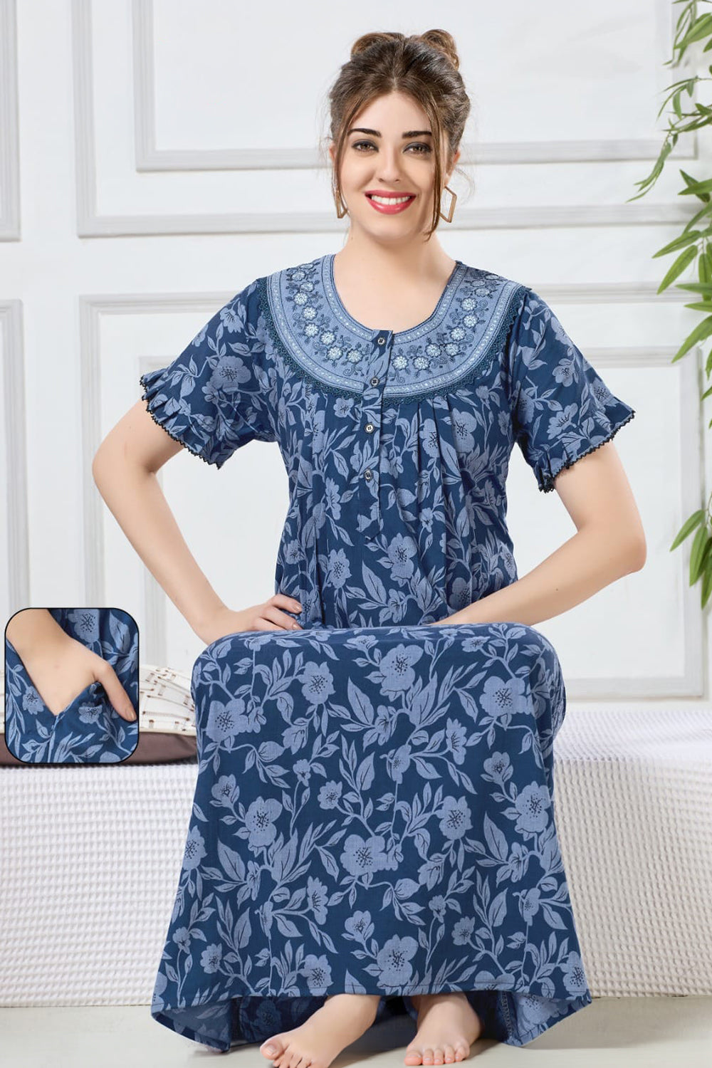 Women’s Poly Viscose Prints Pleated Nighty | Full Length Round Neck Night Dress with Short Sleeve | Relax Fit Sleepwear, Home Wear & Loungewear