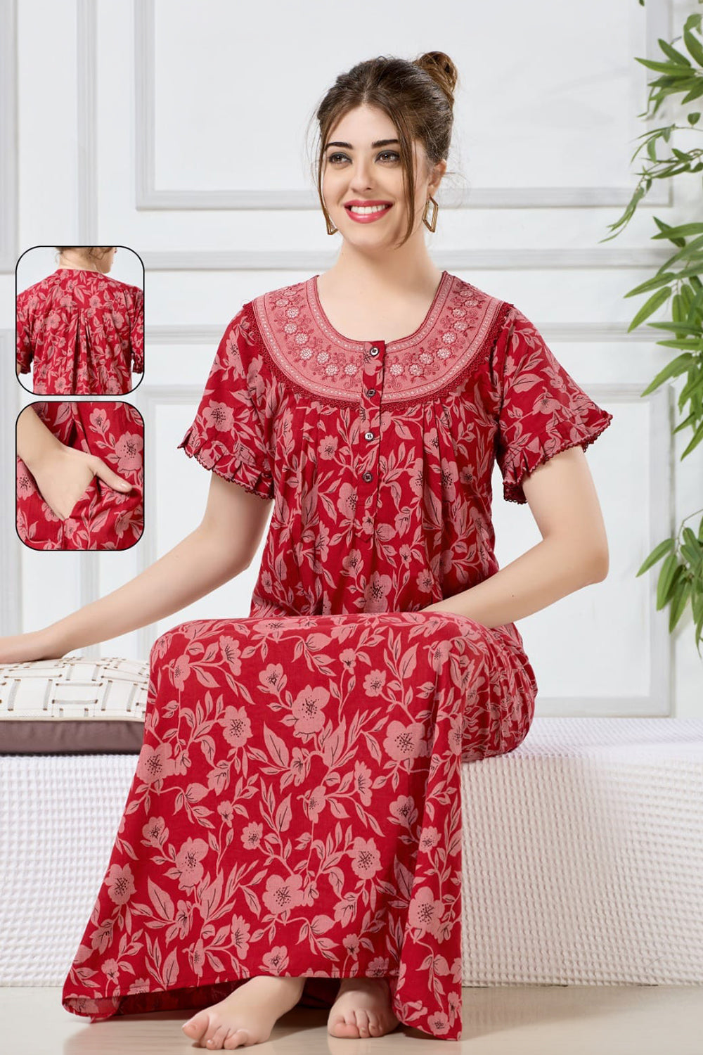 Women’s Poly Viscose Prints Pleated Nighty | Full Length Round Neck Night Dress with Short Sleeve | Relax Fit Sleepwear, Home Wear & Loungewear