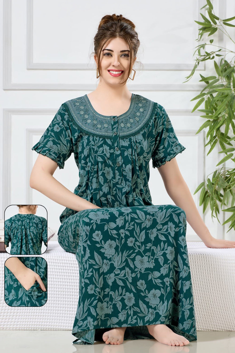 Women’s Poly Viscose Prints Pleated Nighty | Full Length Round Neck Night Dress with Short Sleeve | Relax Fit Sleepwear, Home Wear & Loungewear